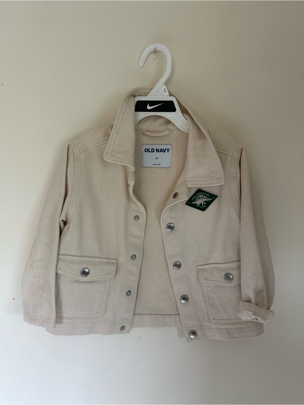 Old Navy Cream Jacket with Green Dino Patch